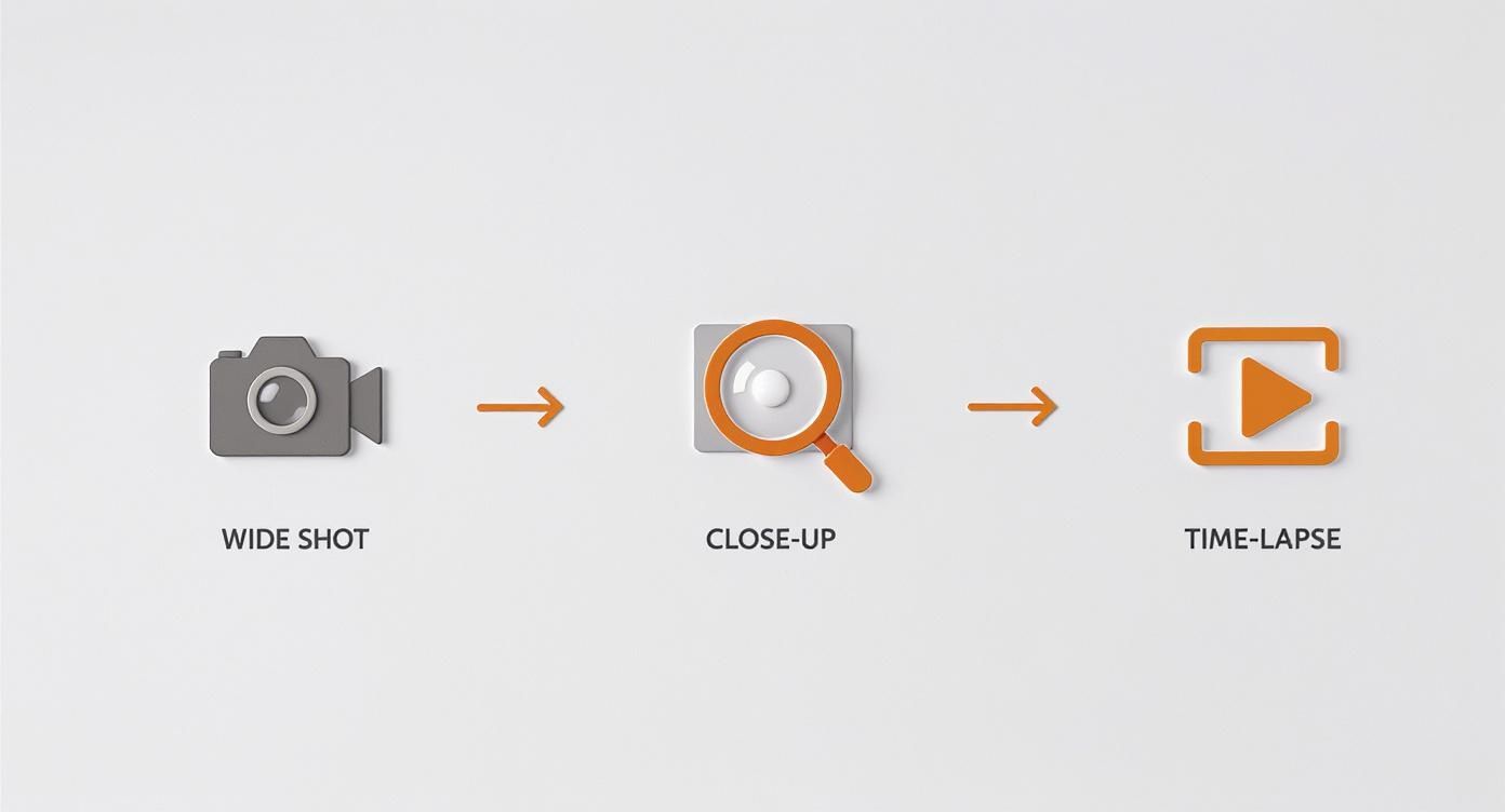 Infographic showing the process flow of filming techniques, from Wide Shot to Close-Up to Time-Lapse, using simple icons.