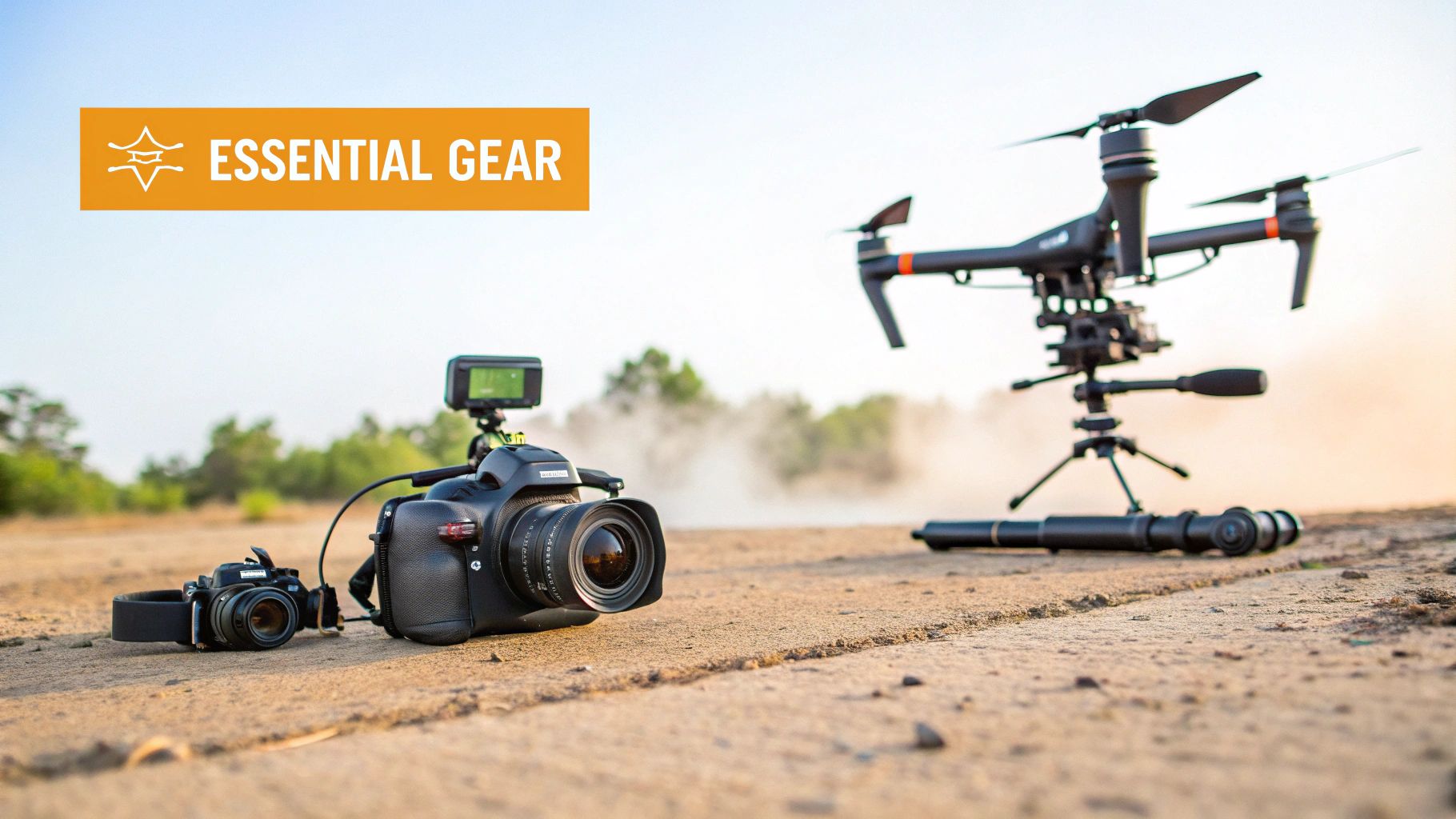 A professional camera on a tripod set up at a construction site, ready for a video shoot.