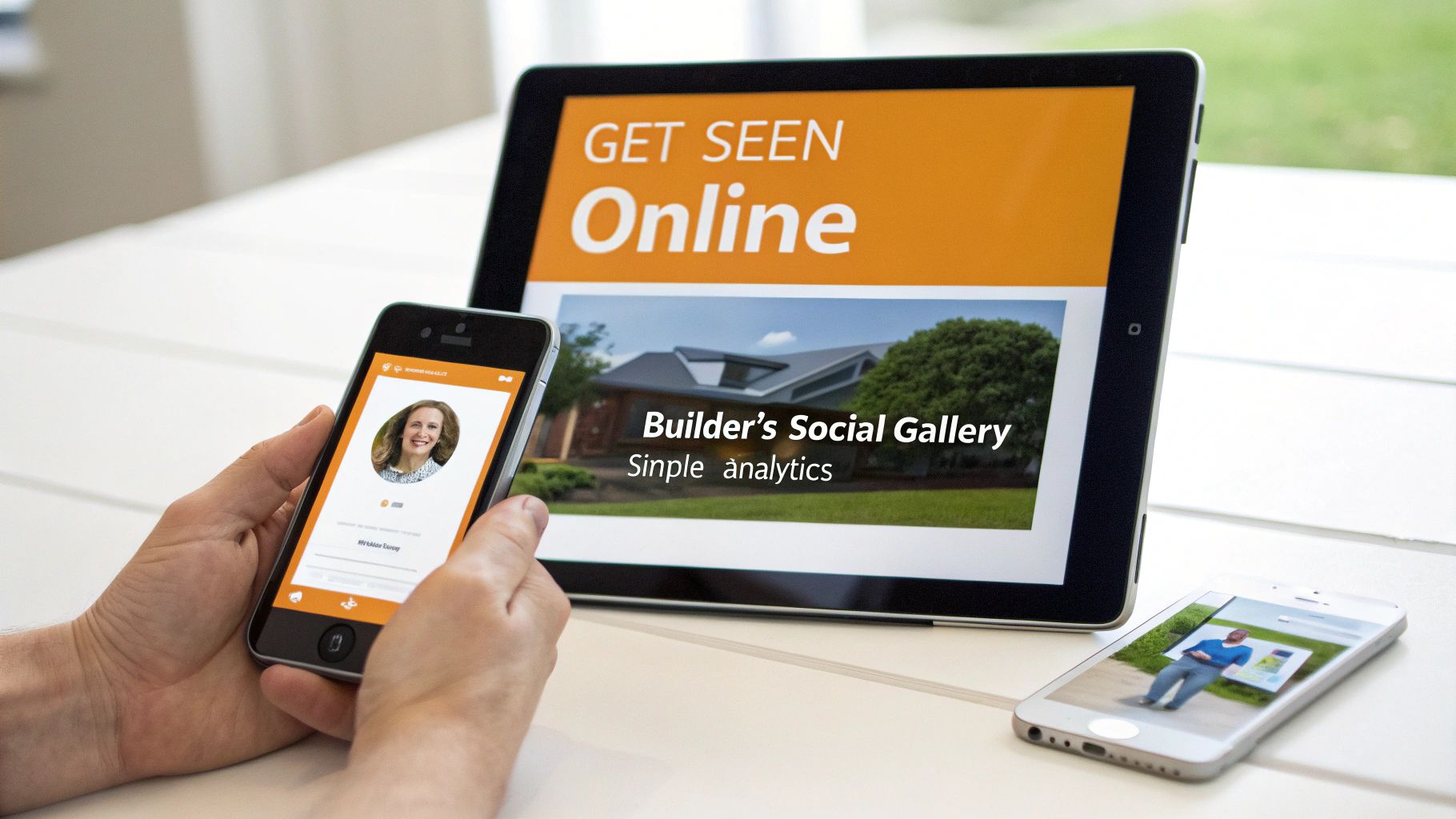 A person's hands holding a smartphone, scrolling through a social media feed showing construction projects.