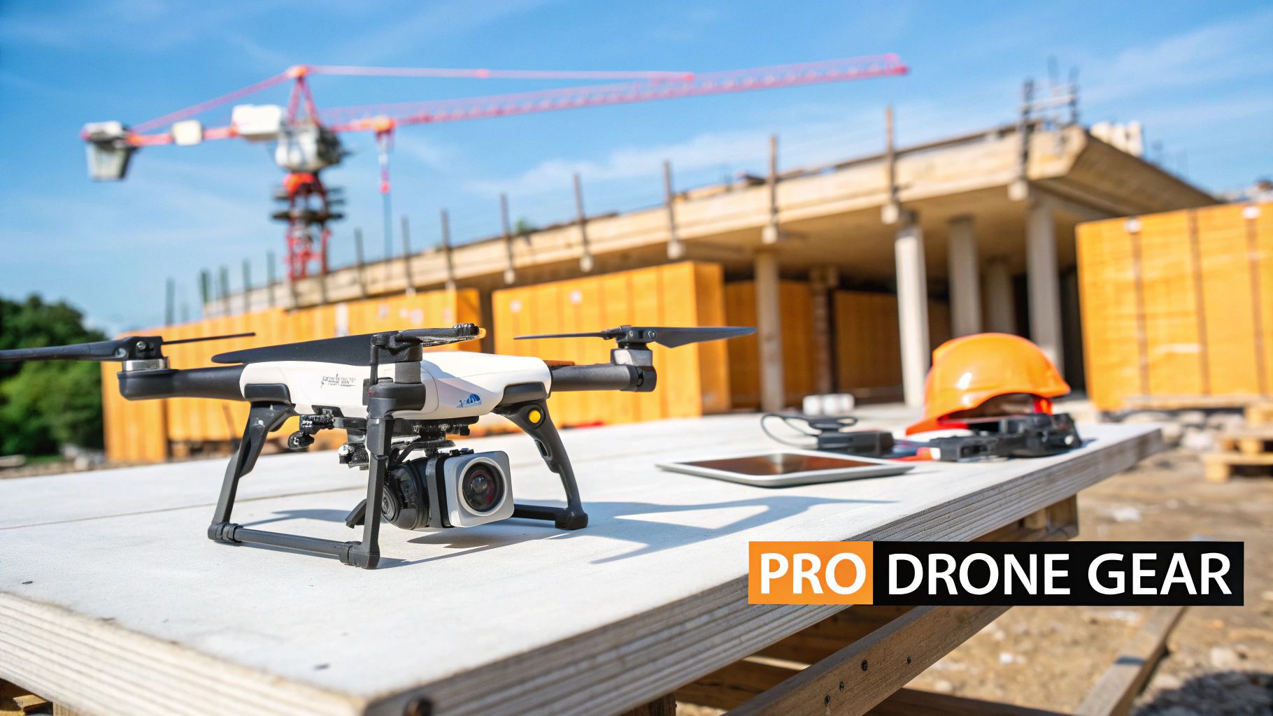 A high-end professional drone flying over a construction site in New Zealand, capturing detailed aerial photography.