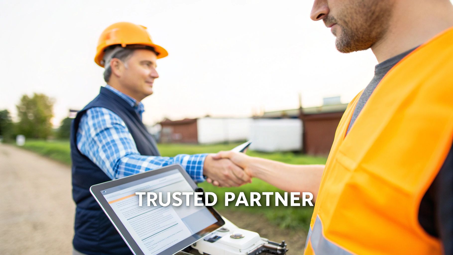 A professional aerial photographer in NZ discussing a flight plan on a construction site with a builder.