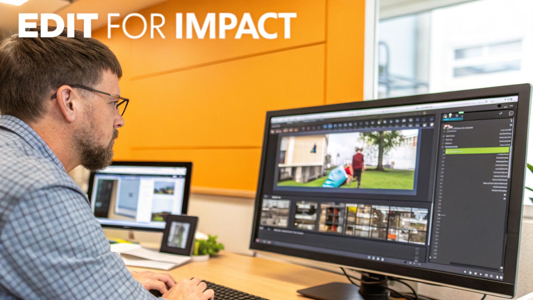 A person editing video on a computer in a dark room