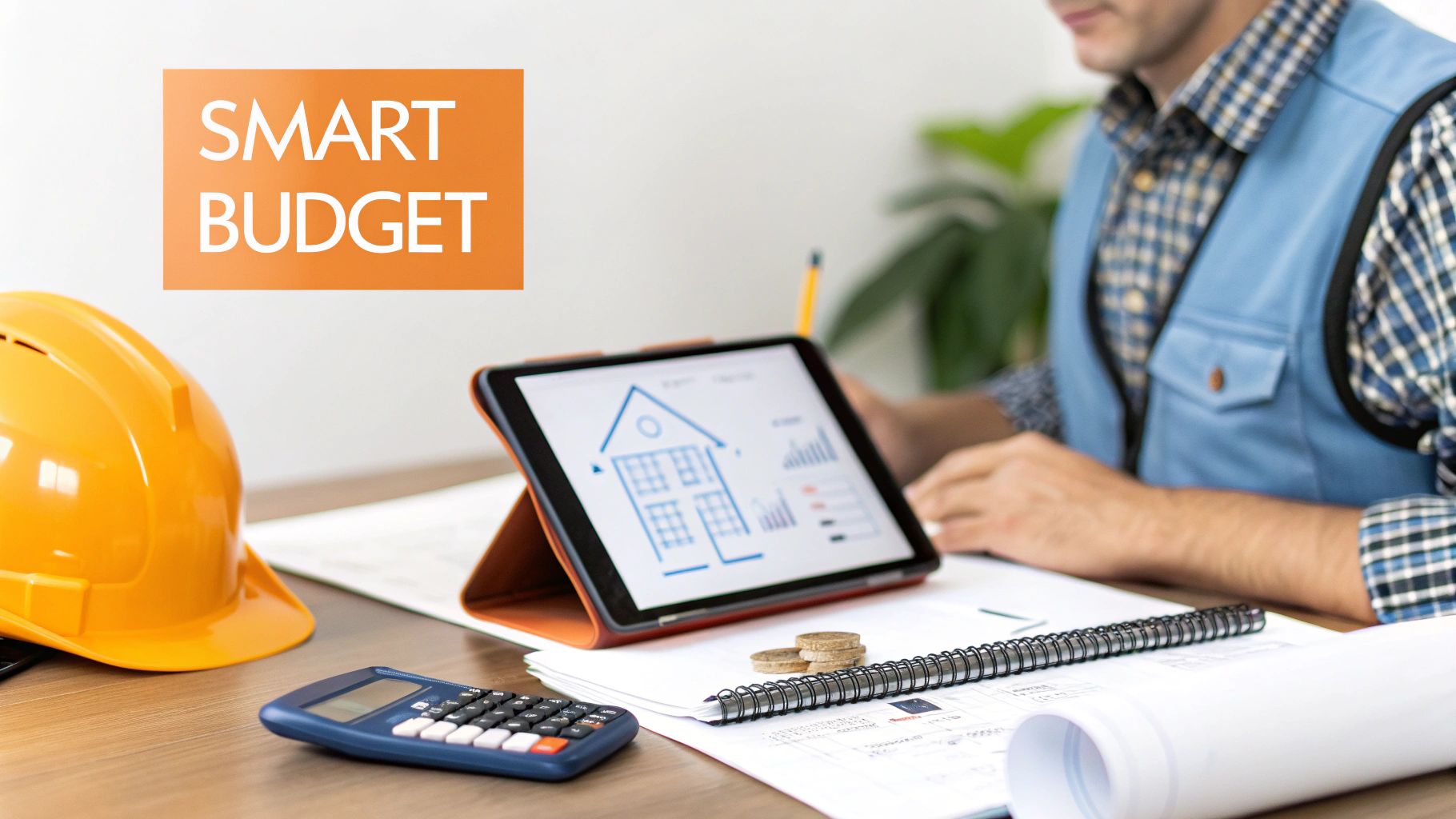 A person using a calculator with blueprints and a laptop in the background, symbolising budgeting for a construction project.