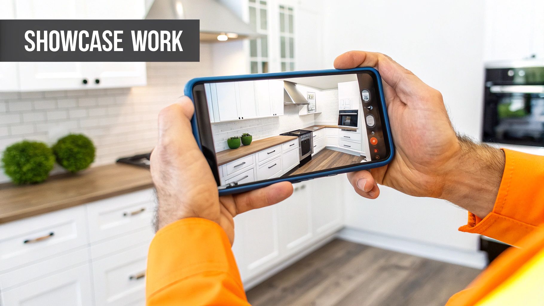 A builder taking a photo of a construction project with a smartphone.