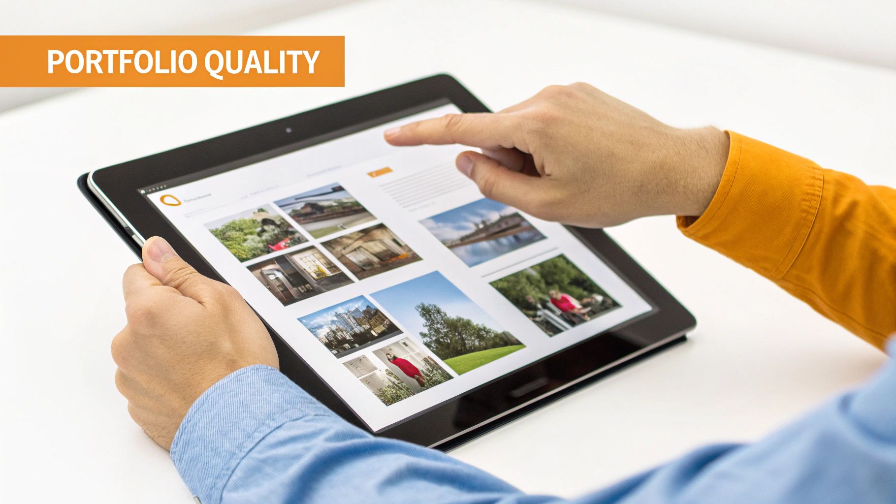 A person's hands using a laptop to browse a web design company's online portfolio.