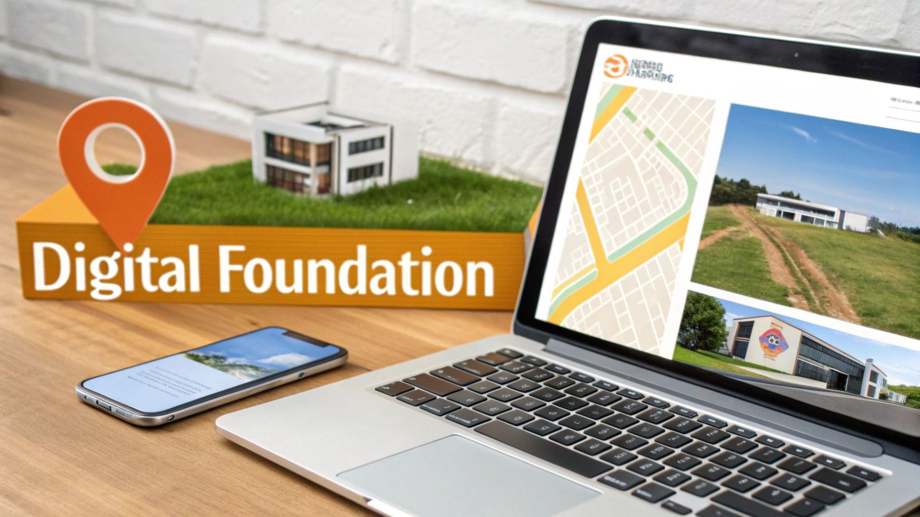 A modern, well-designed website for a building company shown on a tablet screen, with a stunning project gallery in the background.