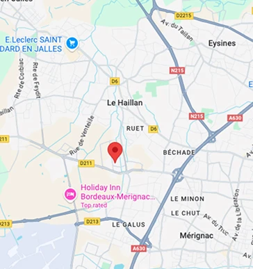 Carte routière montrant la localisation de l'entreprise à Mérignac, près de Bordeaux.