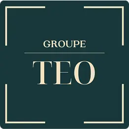 Logo de l'entreprise "Groupe TEO" sur fond sombre.