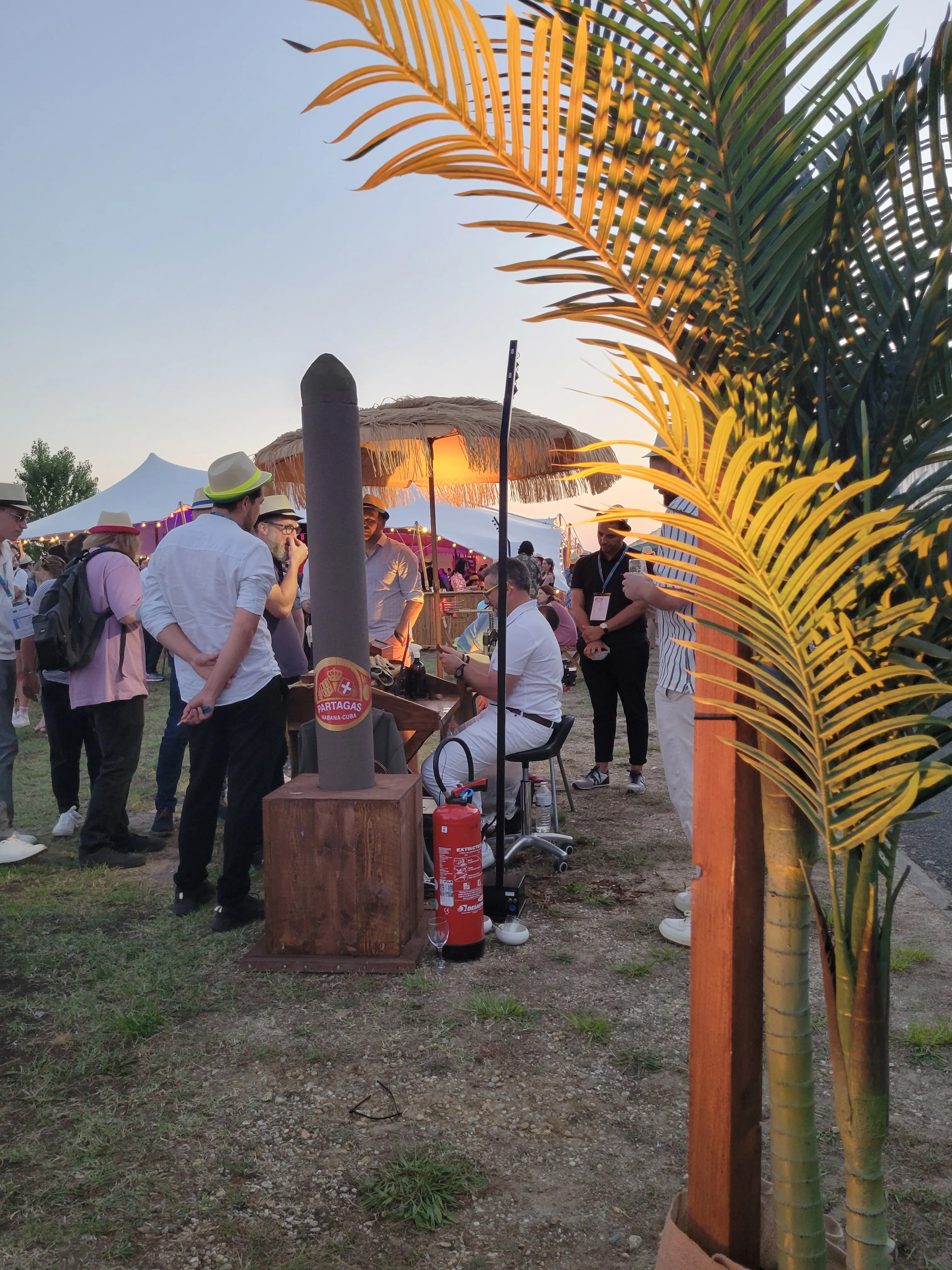 Ambiance d'une soirée en extérieur sur le thème de Cuba, avec un cigare géant et un palmier au coucher du soleil.