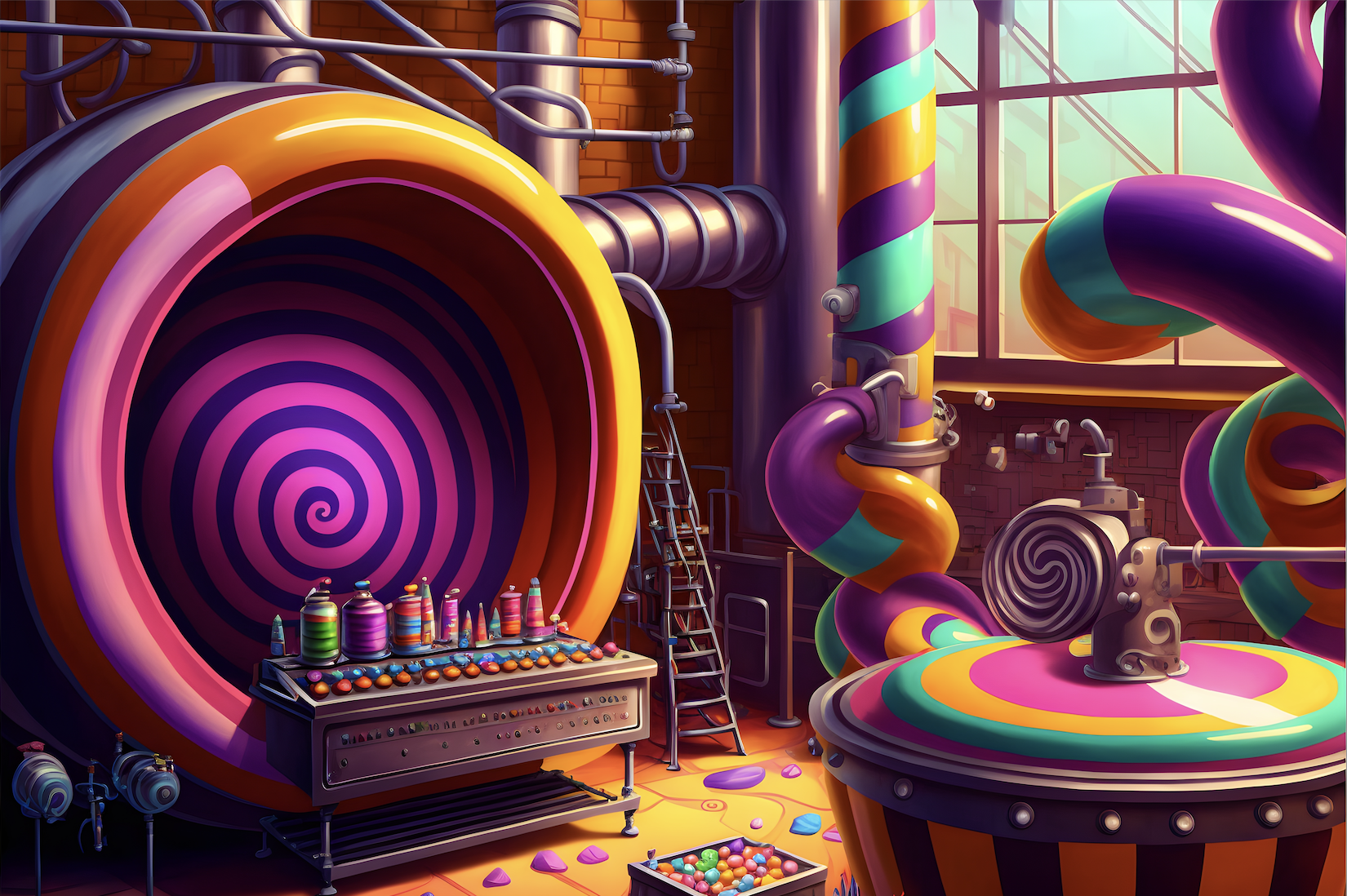 Toile tendue décorative inspirée de l’univers de Willy Wonka, représentant une chocolaterie colorée avec tuyaux géants et machines à bonbons – location de décor gourmand et féérique pour événements.