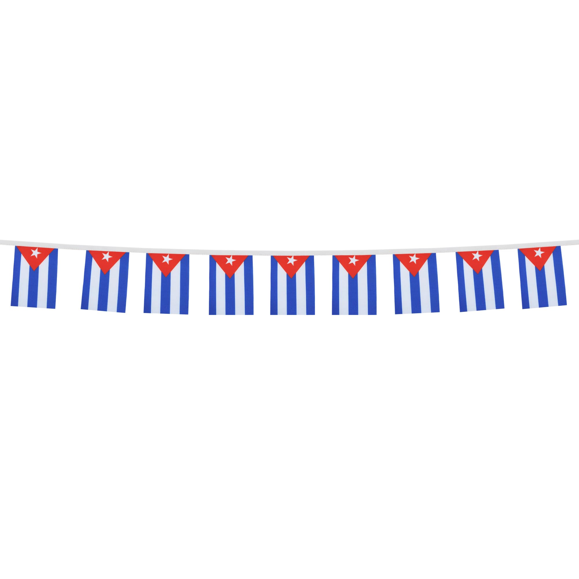 Guirlande de fanions cubains bleu, blanc et rouge avec étoile, décoration événementielle pour ambiance cubaine festive – location de décor à thème.