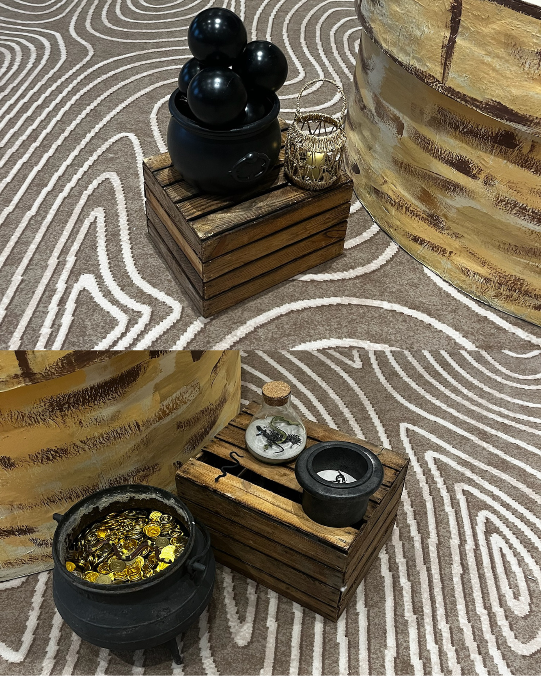 Pack accessoires du Fort avec marmite, coffre, sablier, clés, bocaux à insectes, cageots et cordages – décoration inspirée de Fort Boyard à Bordeaux.