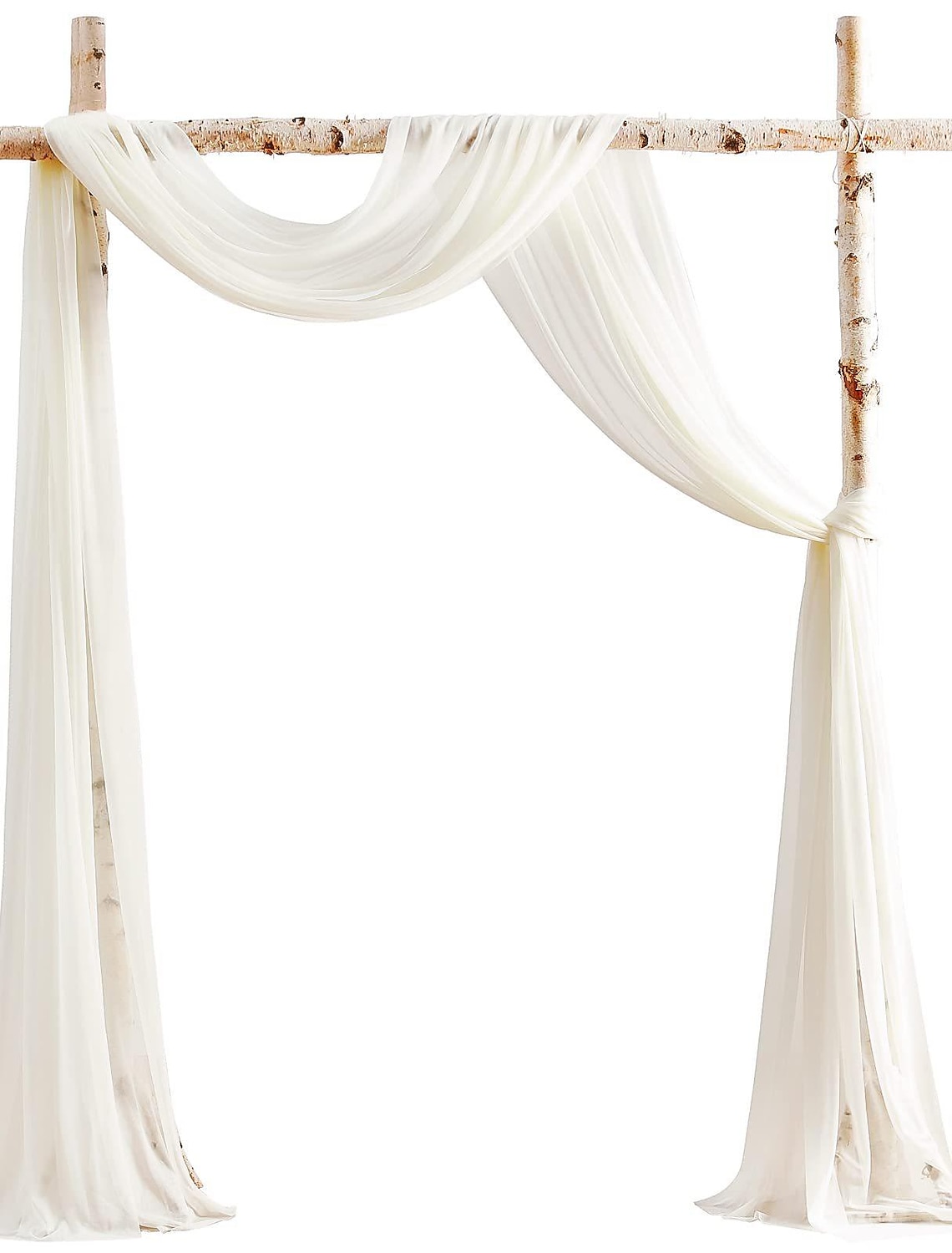 Structure décorative 200×200 cm avec draps blancs fluides, utilisée comme arche élégante pour une scénographie événementielle.