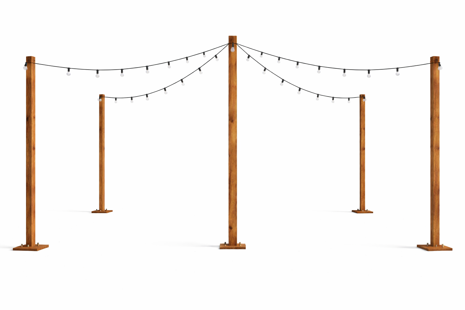 Mât central sur socle avec quatre poteaux reliés par des guirlandes lumineuses, utilisé pour une décoration événementielle festive et conviviale.