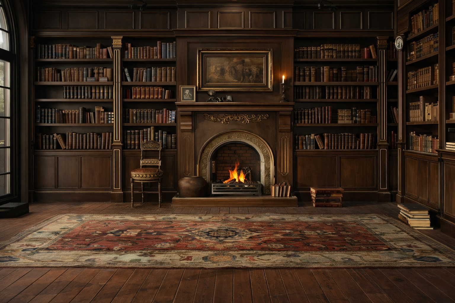 Toile tendue représentant une bibliothèque pour décoration événementielle, fond de décor immersif et élégant pour scénographie ou photobooth.