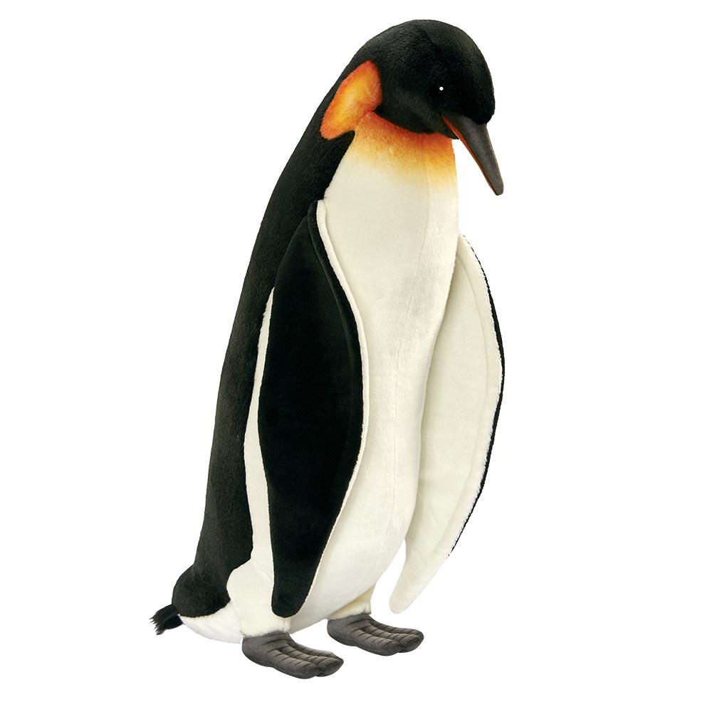 Manchot en peluche décoratif réaliste noir et blanc sur fond blanc, accessoire événementiel pour ambiance hiver et univers polaire