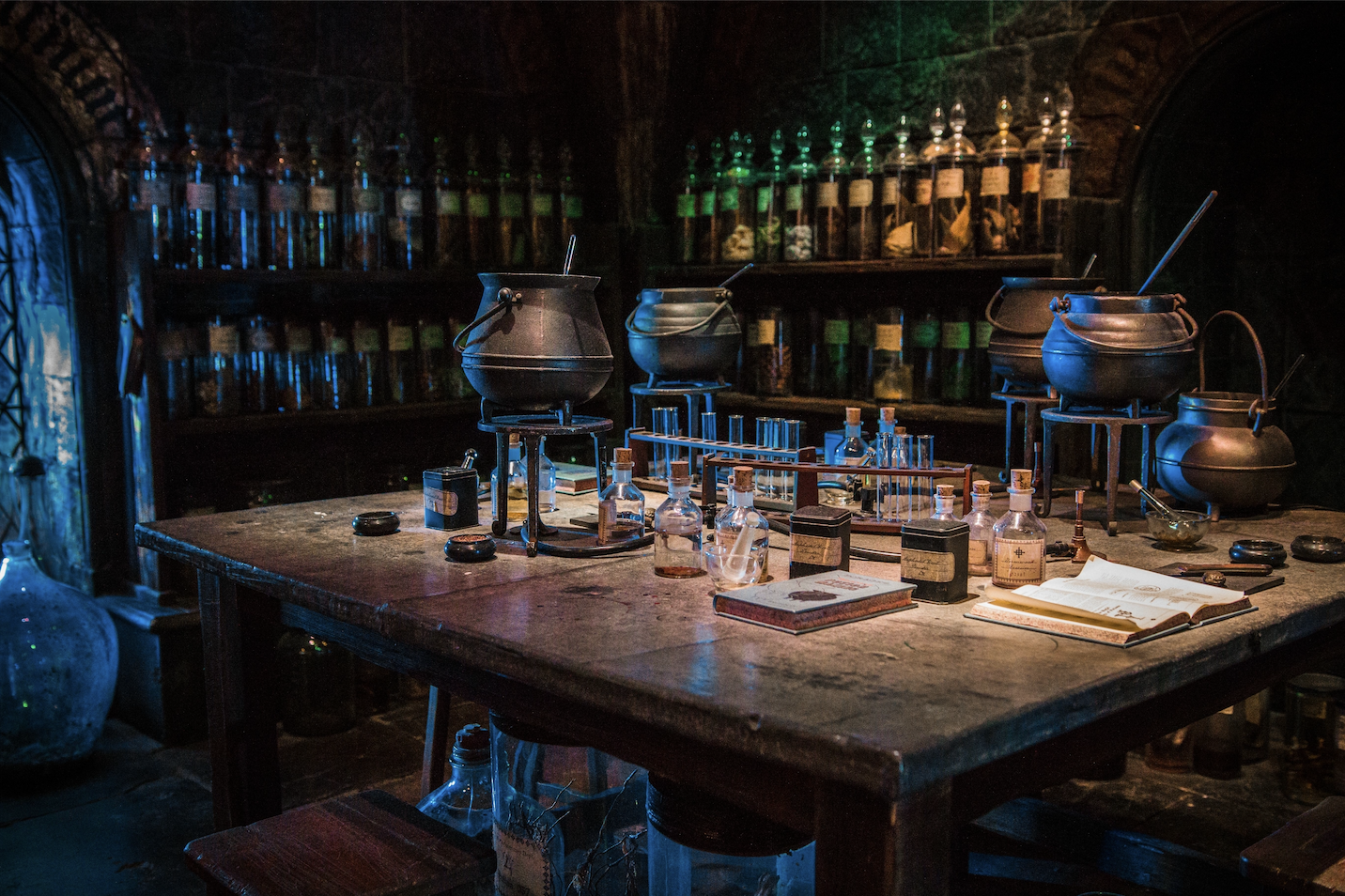 La toile tendue Laboratoire avec étagère, fioles et livres