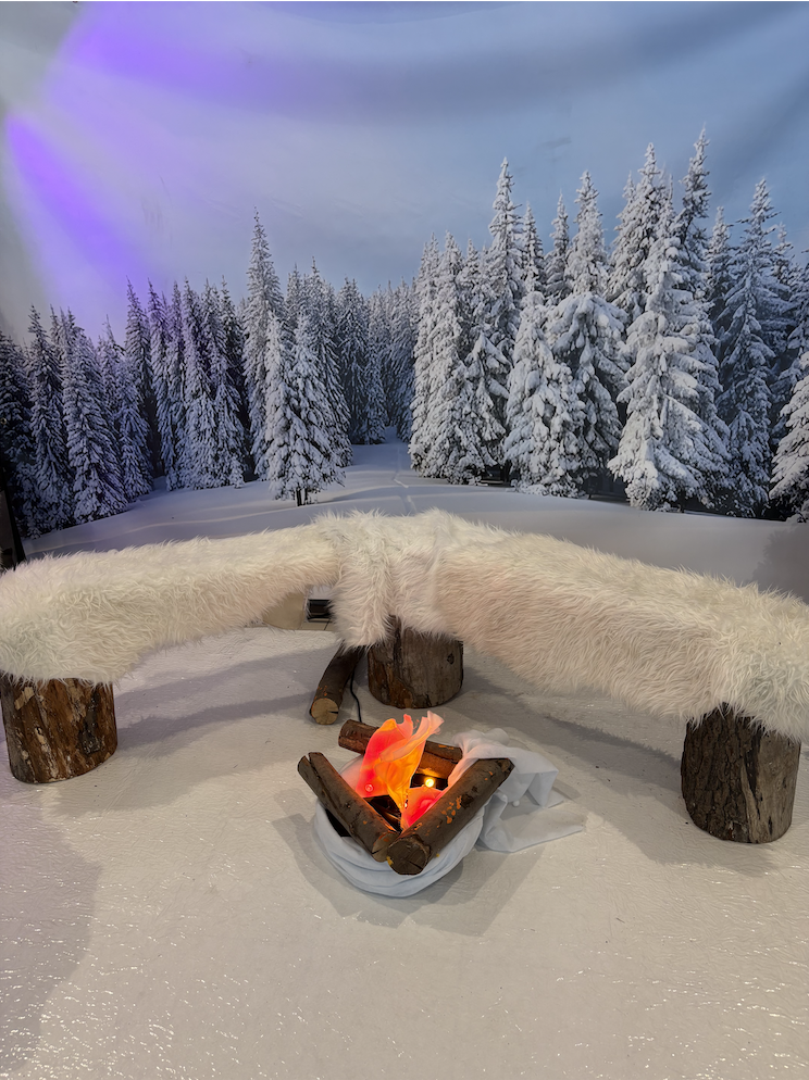 Feu factice décoratif avec bancs en bois et peaux synthétiques devant une toile forêt enneigée, ambiance montagne et hiver