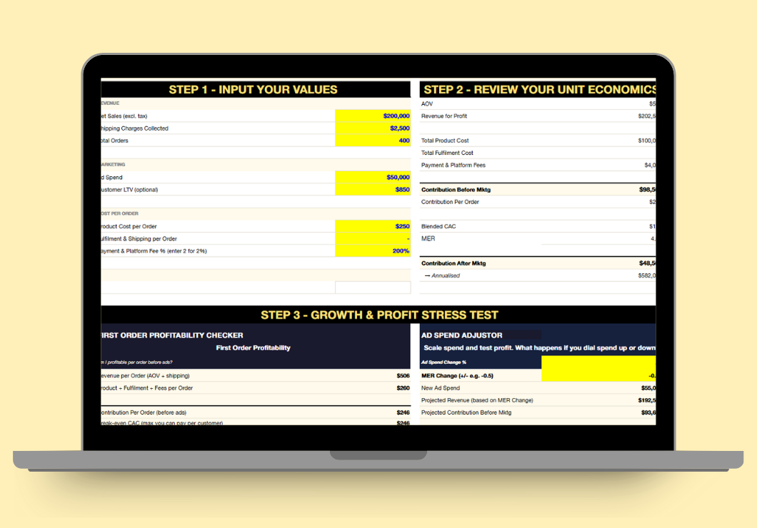 Download a free Ecommerce Profitability Calculator spreadsheet built with StoreHero. Fill in the yellow cells to see true profit per order, break-even CPA, contribution margin, and growth targets instantly.