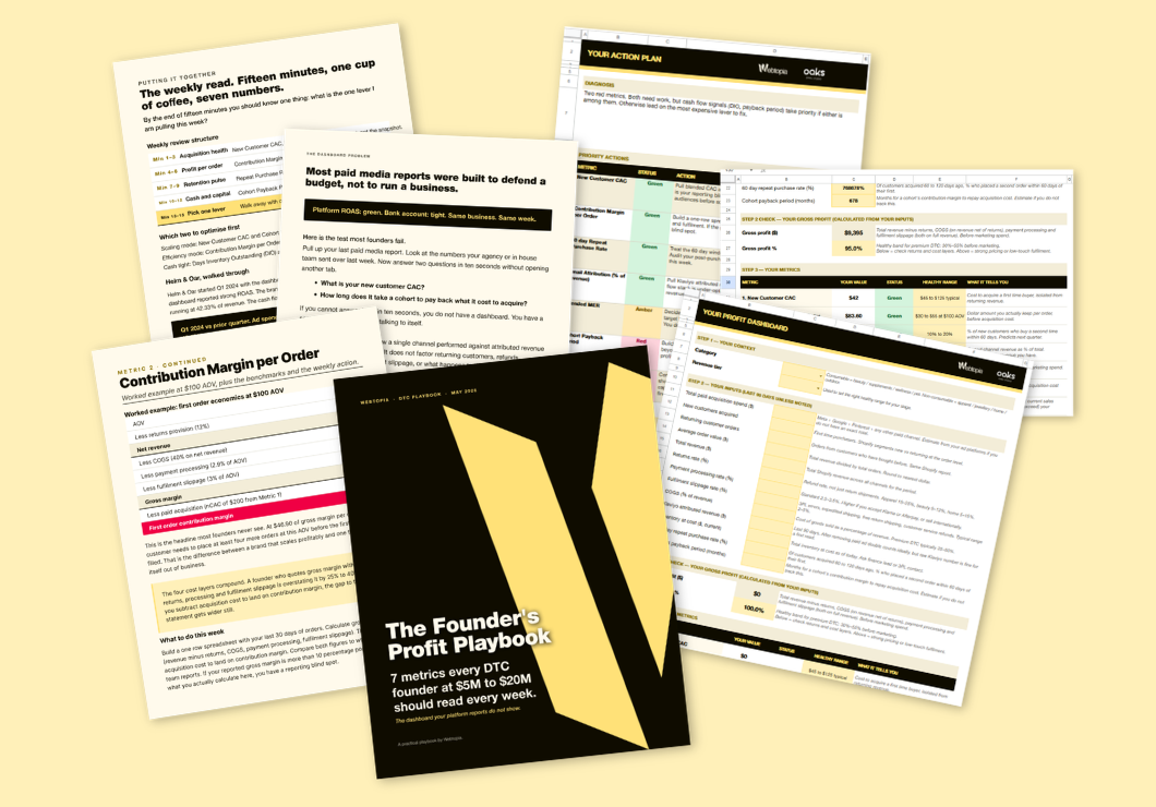 Free Webtopia download for DTC founders at $5M to $20M. The Founder's Profit Stack: the Playbook + the Dashboard. Read the framework, run your numbers.