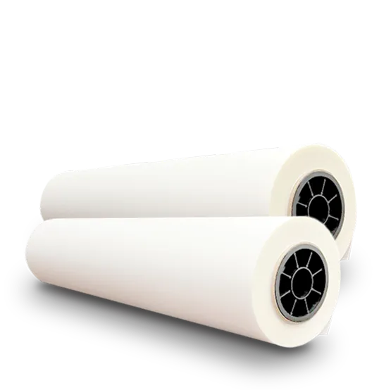 Two white rolls of large paper stacked with visible black plastic cores.