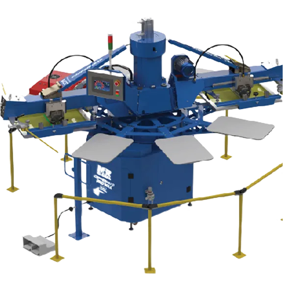 Blue automatic screen printing machine with four flat print stations and safety yellow railings around its base.