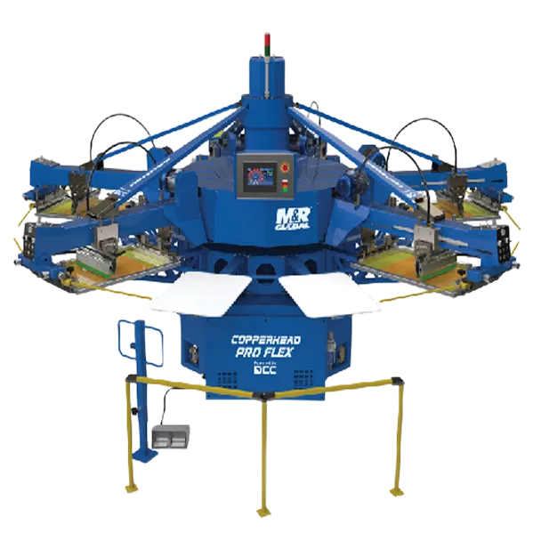 Blue multi-arm screen printing press labeled Copperhead Pro Flex with M&R Global logo and a touchscreen control panel.