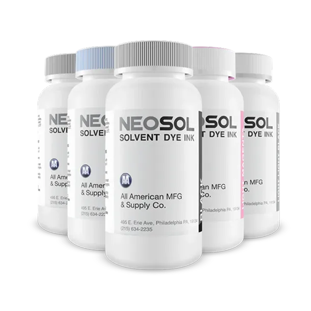 Five white bottles of NEOSOL solvent dye ink from All American MFG & Supply Co., each with a different colored cap.