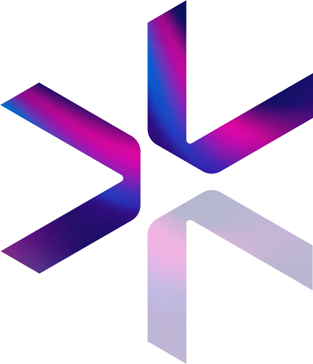 Abstract geometric shape with purple and pink gradient ribbons forming a star-like pattern on a black background.