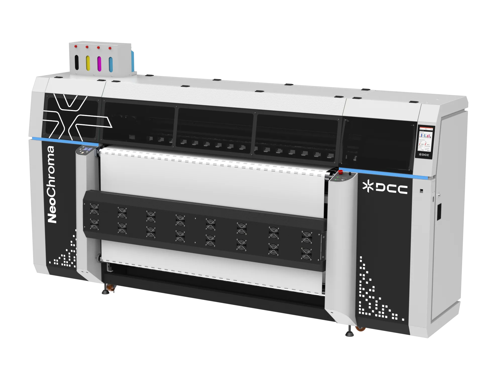 Large industrial NeoChroma DCC printer with multiple ink cartridges and ventilation fans.