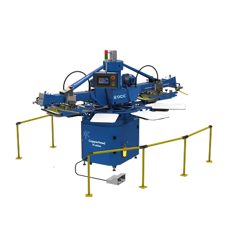 Blue automatic screen printing machine with multiple arms and yellow safety rails.
