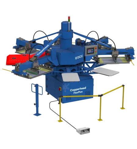 Blue Copperhead FlexPlus multi-arm automatic screen printing machine with control panel and safety barriers.