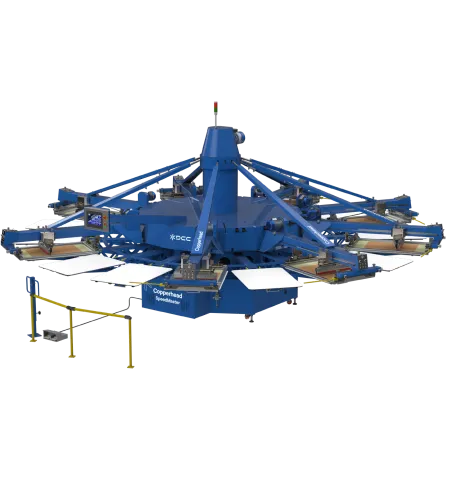 Blue multi-arm screen printing machine with clamps holding white printing screens.