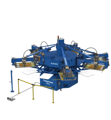 Blue Copperhead Rival automatic screen printing press with multiple print arms and control panel.