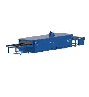 Blue industrial Vortex dryer machine with conveyor belts on both ends.