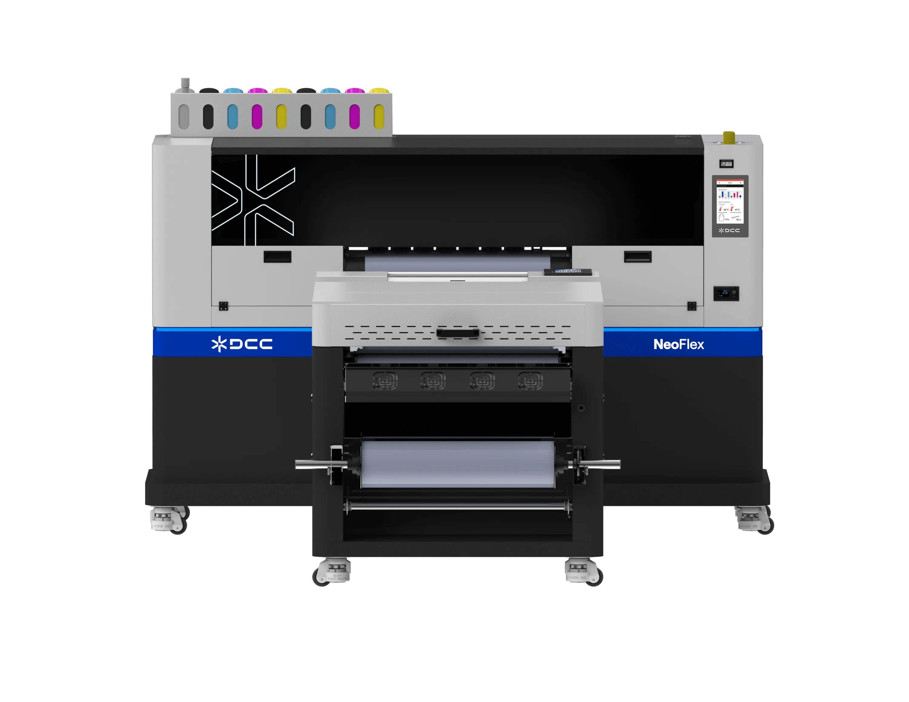 Front view of a large industrial printer with multiple ink cartridges on top and a control screen on the right side, labeled NeoFlex by DCC.