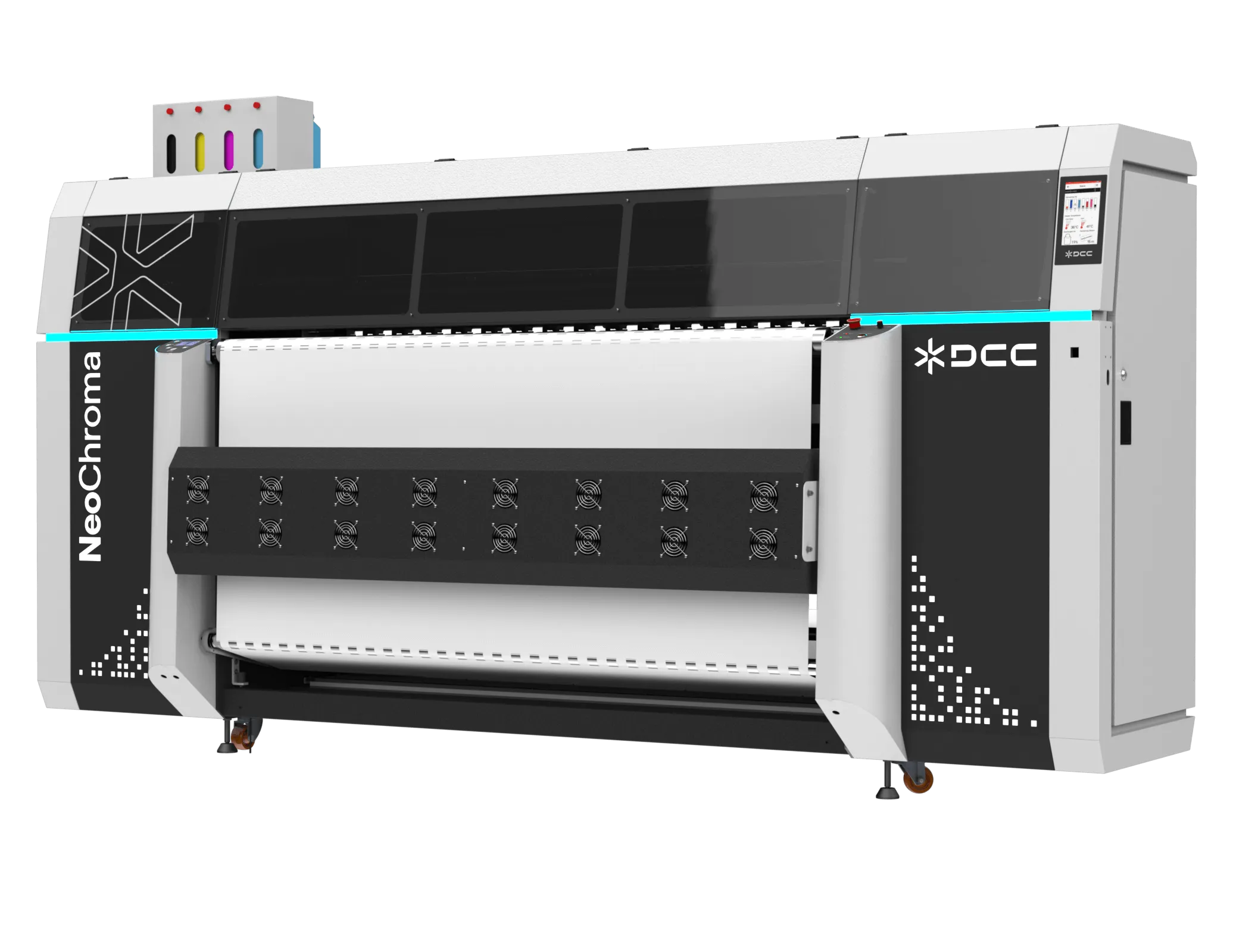 Large industrial NeoChroma wide-format printing machine with ventilation fans and ink cartridges on top.