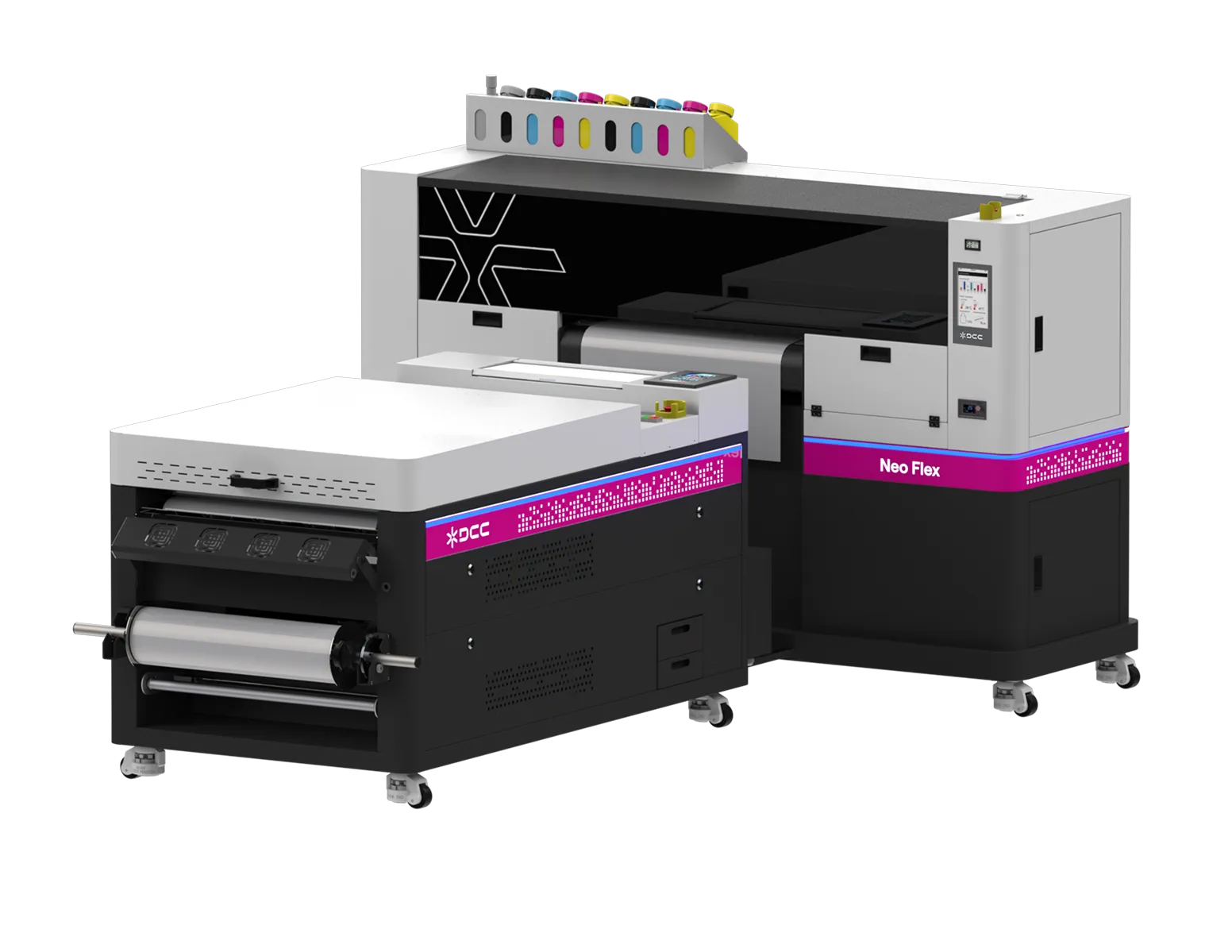 Neo Flex industrial printing machine with ink cartridges on top and a large flatbed printer section.