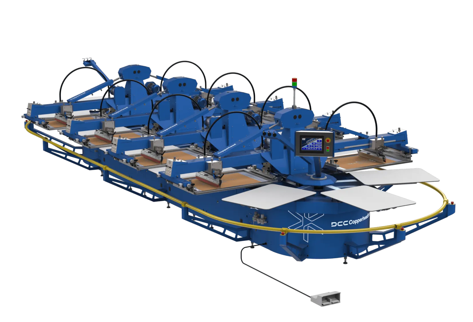 Large blue multi-station screen printing machine with a touchscreen interface and multiple printing arms arranged in a circular layout.