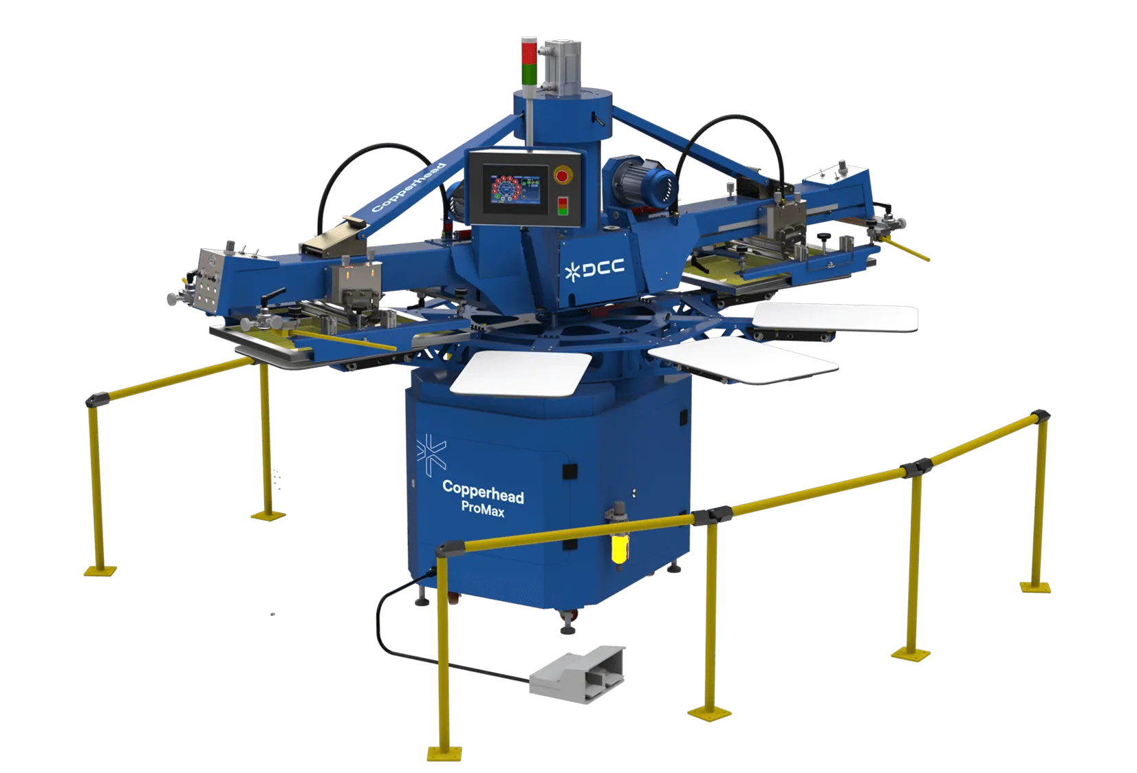 Blue industrial screen printing press labeled Copperhead ProMax with four printing stations and safety railings.