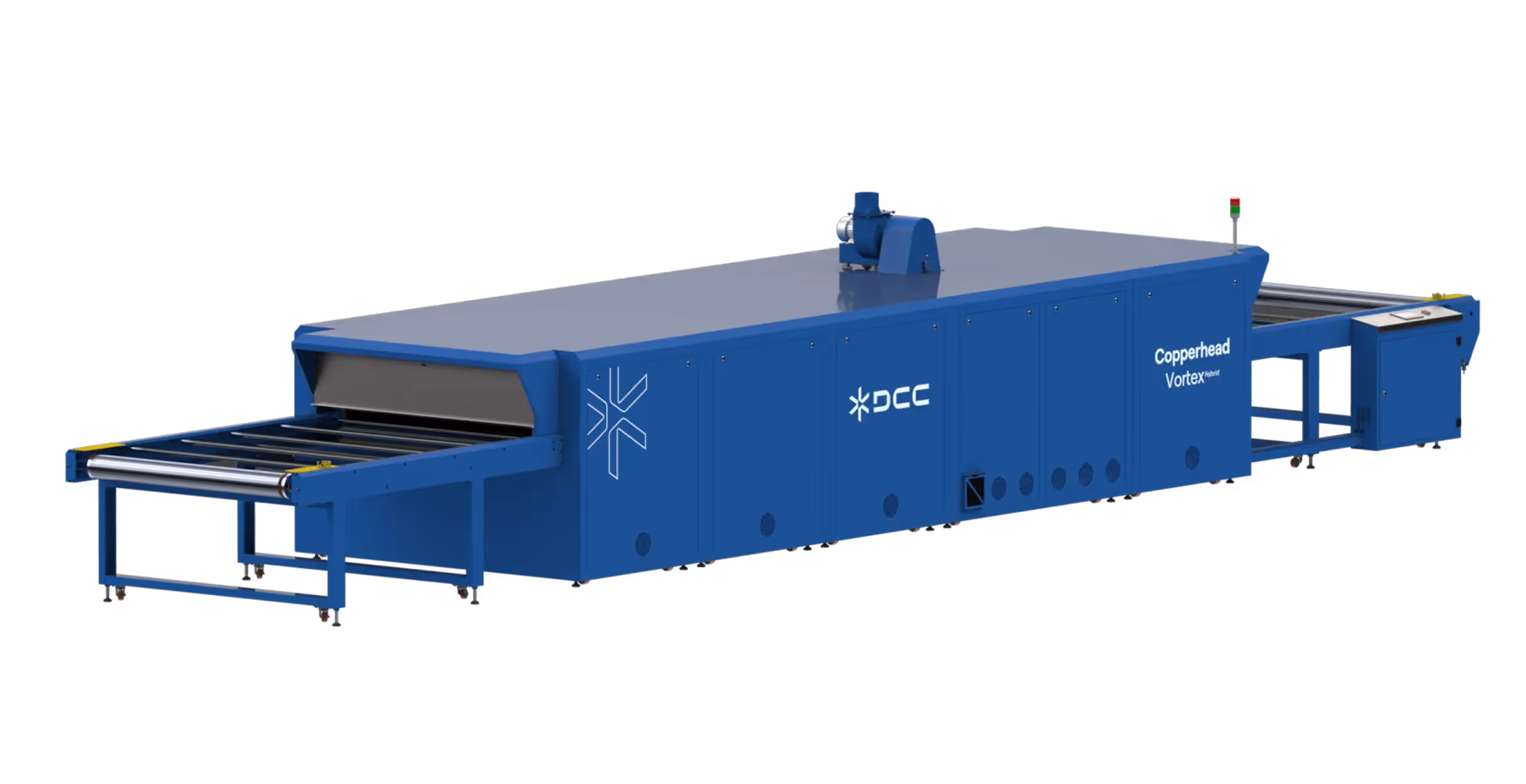 Large blue industrial machine labeled DCC Copperhead Vortex hybrid with rollers and control panel.