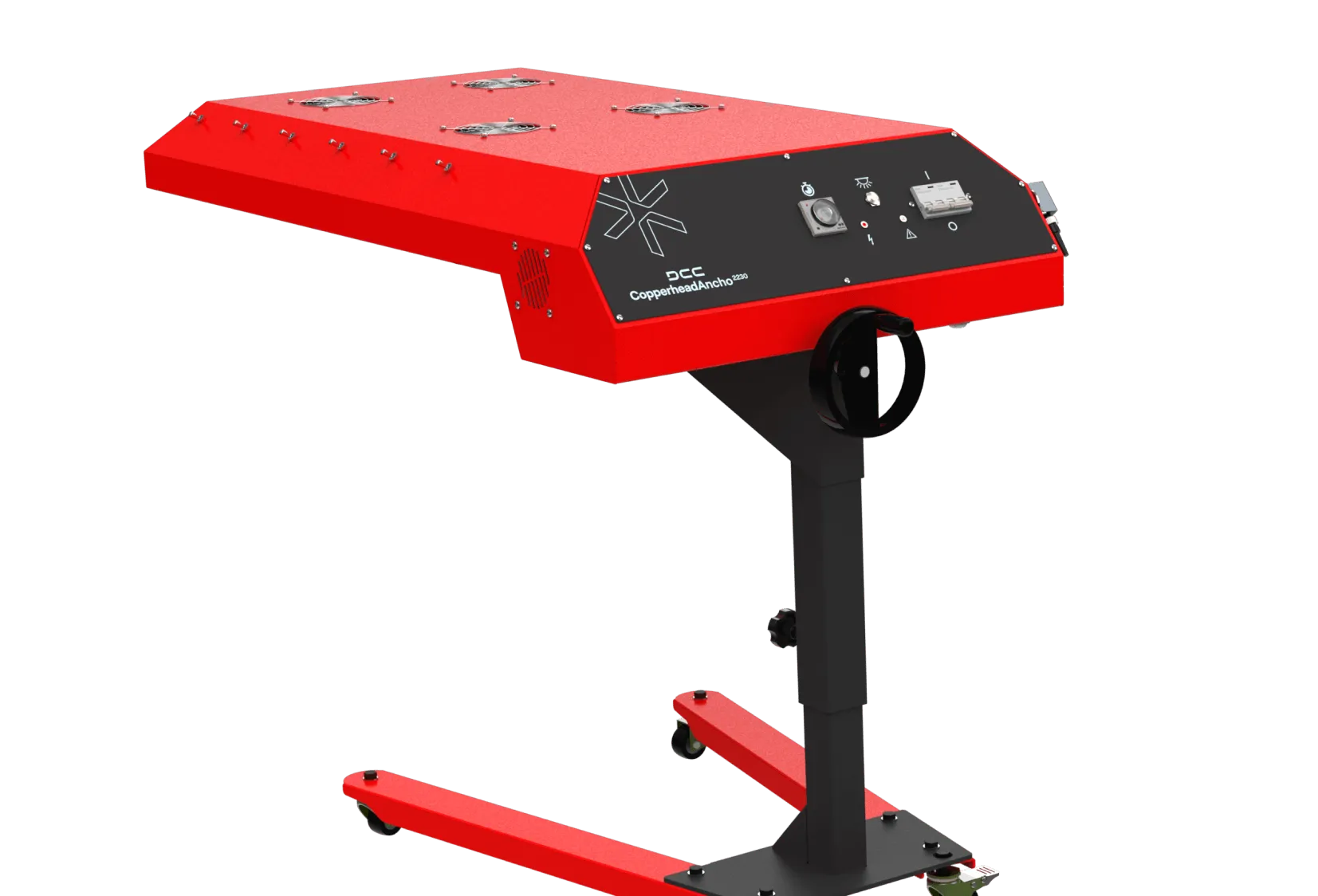 Red and black industrial machine labeled DCC Copperhead Ancho 2230 with control panel and adjustable stand on wheels.