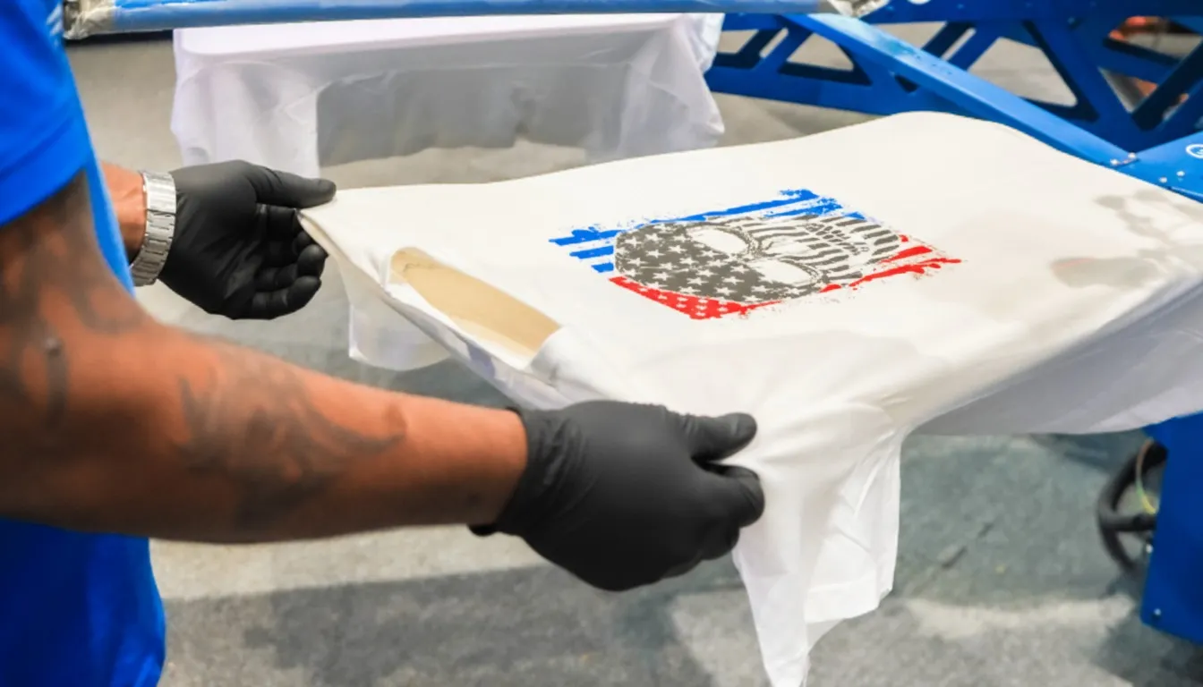 Person wearing black gloves placing a white t-shirt with a Punisher skull and American flag design on a screen printing press.