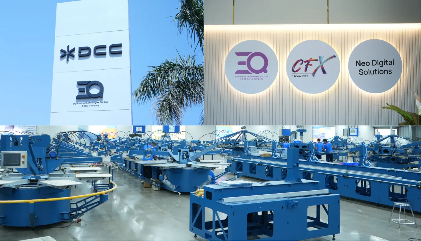Industrial printing machines in a large factory with logos of DCC and Neo Digital Solutions displayed.