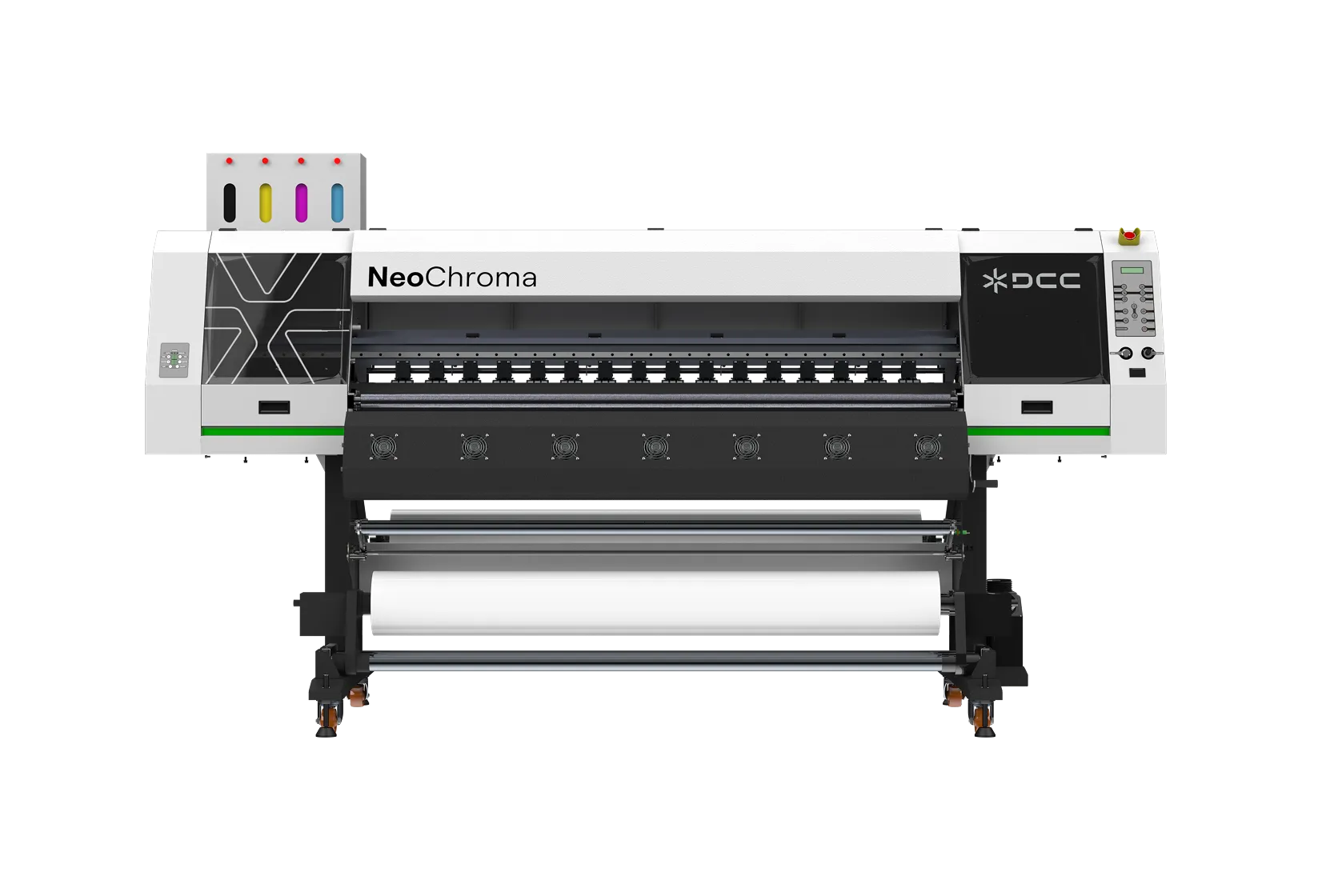 Large industrial NeoChroma wide-format printer with visible ink tanks and paper roll.
