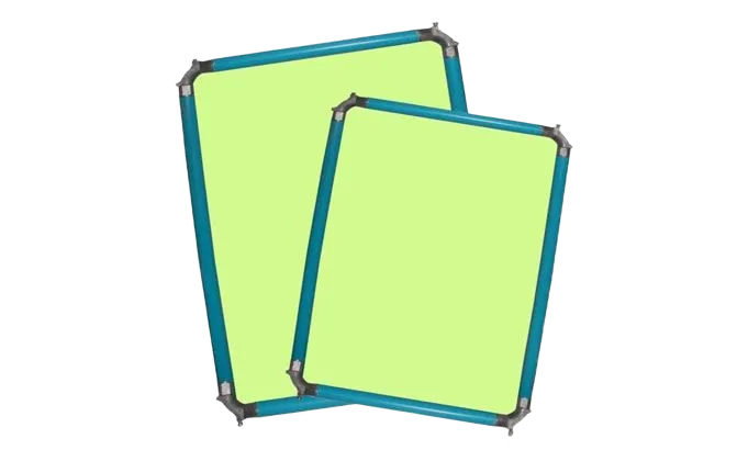 Two green rectangular screens with blue frames angled overlapping each other.