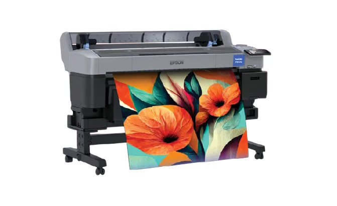Epson large format printer printing a vibrant floral image with orange flowers and green leaves.