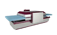 Industrial ironing machine with flat pressing surfaces and conveyor belts on each side.