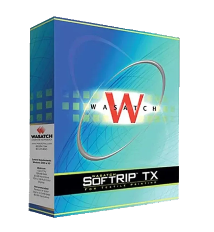 Box of Wasatch SOFTRIP TX software for textile printing with blue and green design and large red W logo.