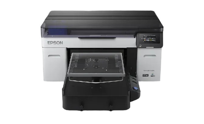 Epson printer with open front panel showing flatbed scanner and control panel on the right side.